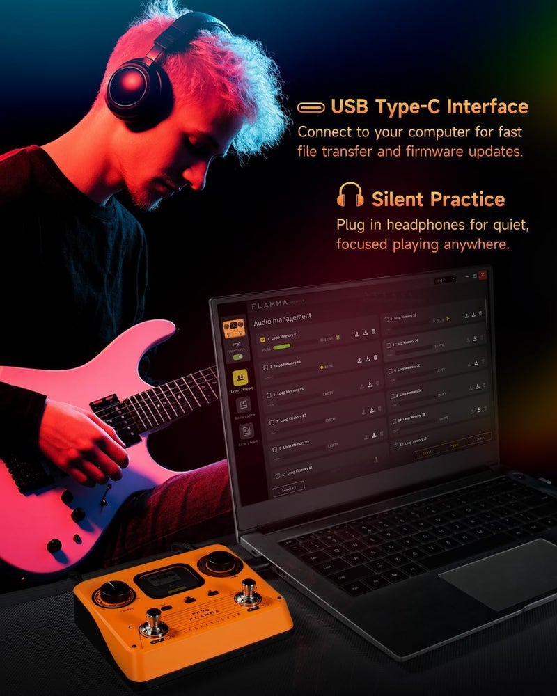 FLAMMA FF20 Looper Pedal Drum Machine, Drum Looper Guitar Pedal with Screen, 300 Min Recording, 220 Drum Grooves, 100 Loop Slots, Time Stretch, Auto Record, USB & Headphone Out, for Guitar and Bass - Image 4